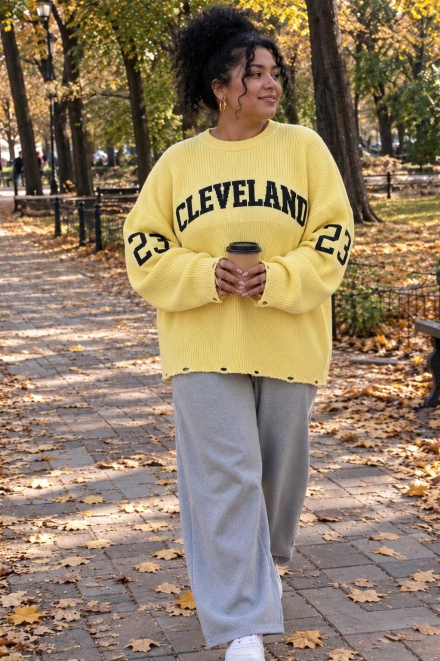 Пуловер CLEVELAND на момиче, което обикновено носи L–XL