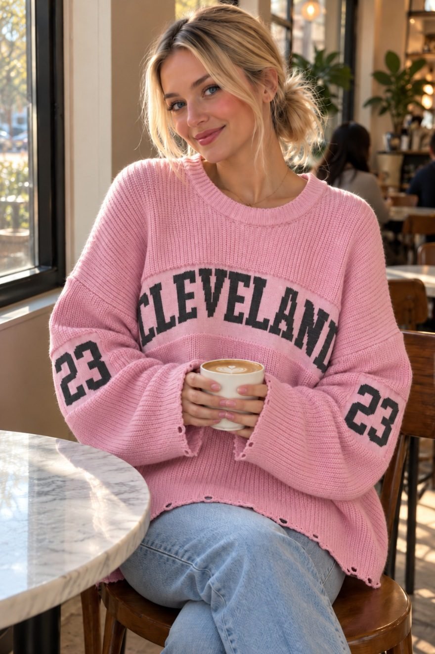 Момиче в розов пуловер CLEVELAND в кафене